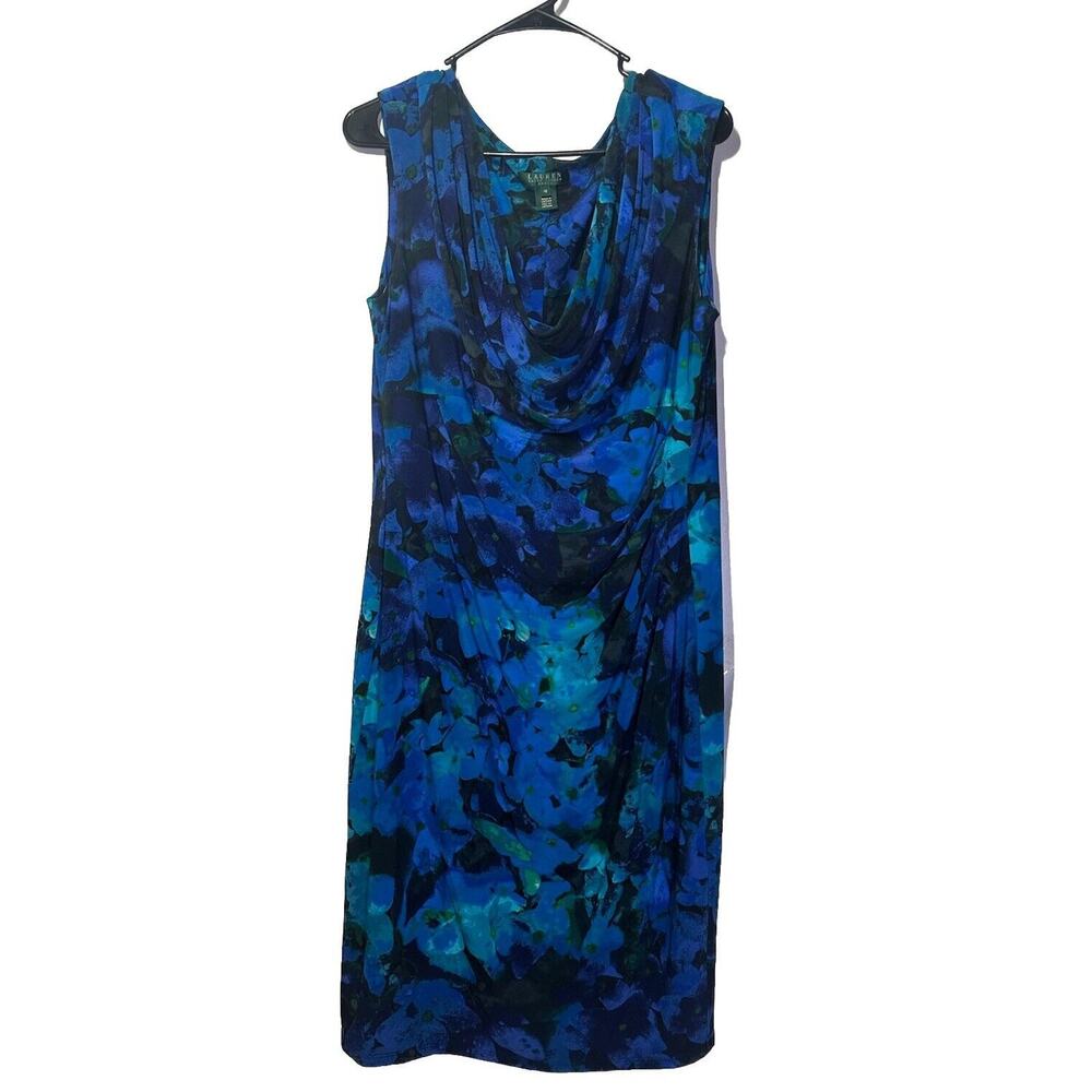 Ralph Lauren Blue Knit Stretch Cowl Neck Ruched Sleeveless Dress Floral Lined 16